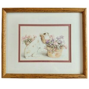 Jodi Jensen Vintage Wood Frame Watercolor Bunny, Flowers Art Print Double Matted